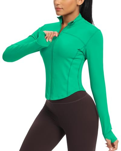 QUEENIEKE Damen Sportjacke Laufjacke mit Lycra Elasthan – Zip-Up Trainingsjacke für Gym Tops Yoga Fitness BBL Running-Jacken (Kaskadiengrün, 34-36)