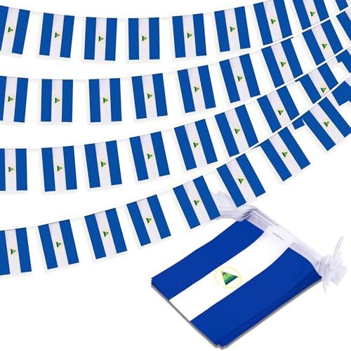 Banderín de cuerda de Nicaragua, pequeño banderín de bandera nicaragüense, decoración nacional del país para escuela, fiesta, eventos deportivos, festival patriótico, 33 pies, 30 banderas