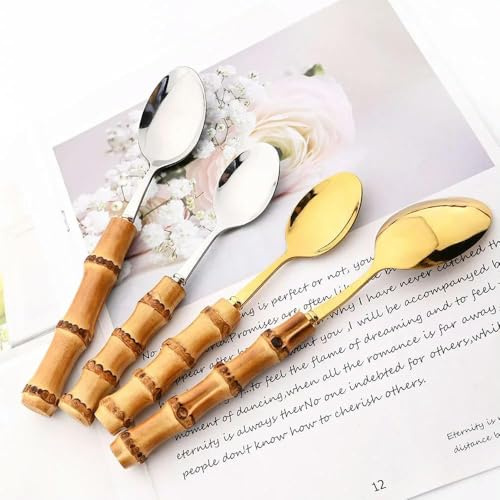 6/24 pièces manche en bambou purement naturel ensemble de couverts en argent ensemble de vaisselle couteau cuillère fourchette couverts ensemble de vaisselle en acier inoxydable, 24 pièces o