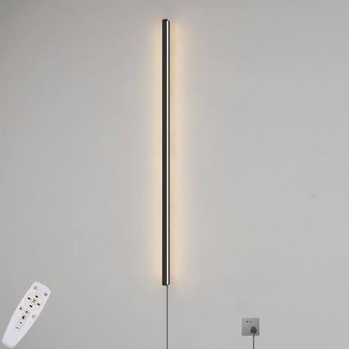 LOGT Lange LED Wandlampe Innen mit Stecker, 16W Schwarz Wandleuchte Dimmbar 3000k-6000k Flurlampe mit Fernbedienung Lang Treppenhauslampe für Treppenhaus Wohnzimmer Kinderzimmer Schlafzimmer,80CM