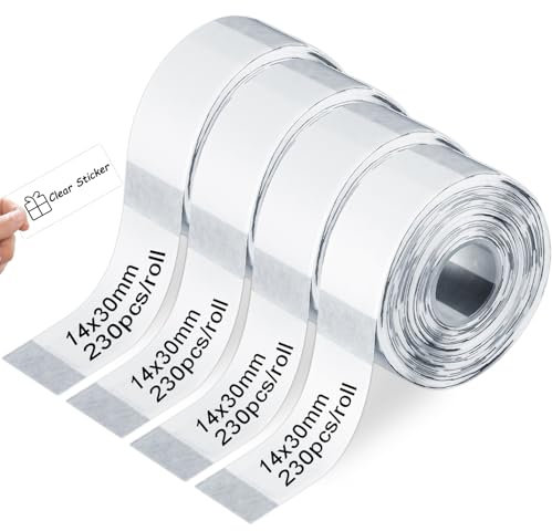 Zaxiva Adaptiertes Etikettendruckpapier 14 x 30 mm, P15 Transparentes Selbstklebende Etiketten, 4 Rollen Thermo-Etikettenband für Marklife P11/P12/P15, Phomemo D30/D32/D35, Vretti HP1/HP3/HP4