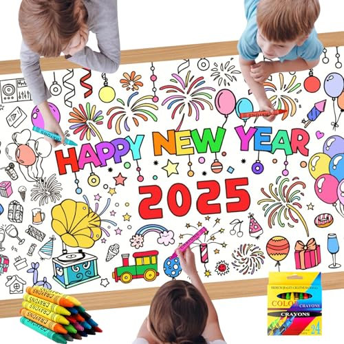 Zkaoai Papier-Tischdecke zum Ausmalen, Silvester Tischdecke 2025, Happy New Year Ausmal-Tischdecke, Ausmaltischdecke Kinder 183 x 76cm und 12 Buntstifte, Silvester Basteln Kinder für Neujahr Supplies