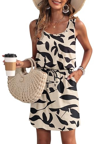 WNEEDU Robe d'été sans Manches pour Femme avec Cordon de Serrage et Poches | Robe de plage courte pour femme, sans manches et à col en V Mini robe d'été pour les vacances