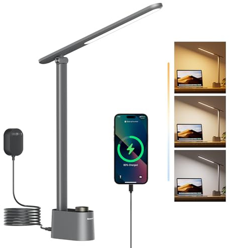 Honeywell Lampe à de Bureau,Sunturalux™ Lampes de Bureau Grises pour Bureau | Lampe LED de bureau pliable avec chargeur USB-C/A, RG0 sans bleu, CRI 95, gradation continue 10%-100%, 3 temp. (3000K-5000K).
