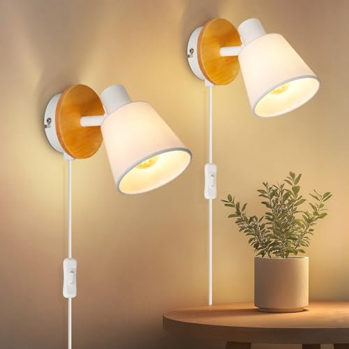 Ketom 2 Pack Adjustable Indoor Wall Lamp - E14 Retro Wall Lights - Plug in Light with Switch - Wooden Wall Spotlight - Wall Sconces for Bedroom Living - with Fabric Shaded - Bulb Not Included
