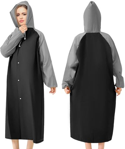 GAOHUI EVA Regenponcho für Erwachsene, Wasserdichter Regenmantel mit Kapuze, Wiederverwendbar & Atmungsaktiv, Transparentes Regencape für Wandern, Radfahren, Camping & Reisen (Schwarz)