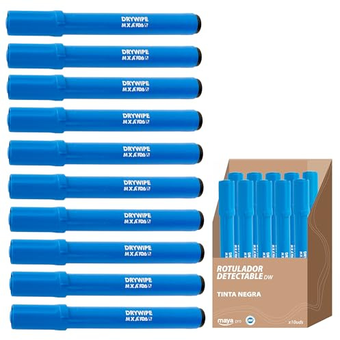Maya Non Permanent Pen DW. Antibakteriell und nachweisbar. Polypropylen in Lebensmittelqualität. Entspricht den HACCP-, BRC- und EU/FDA-Vorschriften. Schachtel mit 10 Stück (schwarze Tinte).