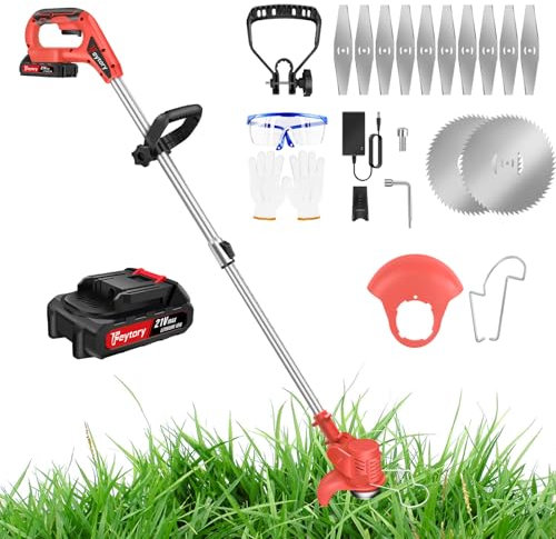 Cordless Grass Trimmer – 21V Electric Lawn Trimmer/Edger for Flower Beds & Lawns – 1.5Ah Battery, Extendable Telescopic Handle, 12x Metal Blades, Rotating/Swivel Head, for Lawn Edger Pruning Weed