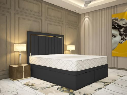 YB INTERIORS LTD Golden Striped Ottoman Divan Liner Beds – Super King Size Divan Bed Frame | 49” Matching Floor Standing Headboard | Ottoman Storage 6FT Super King Size Divan Bed Base Plush Velvet