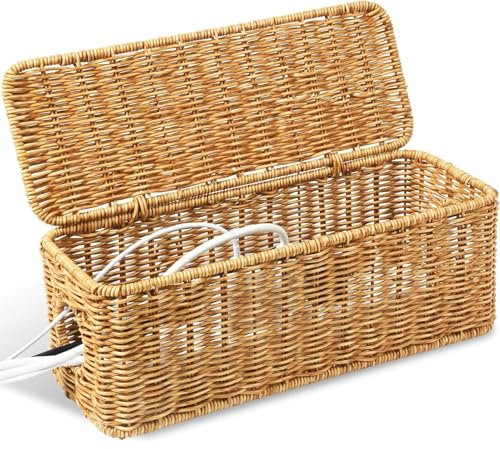 Rattan Cable Management Box - Hand Woven Wire Storage Box | Under Desk Cord Organizer To Cover Power Strips & Cords And Cover Floor TV Wires Computer Usb Hub