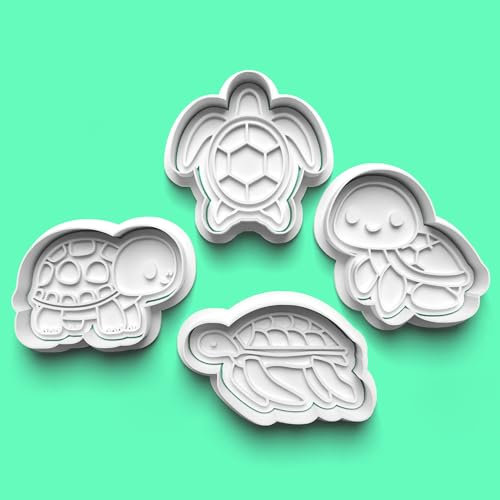 Lot de 4 emporte-pièces en forme de tortue et tampon à fondant – Décoration de fête, gâteau d'anniversaire, pâtisserie, biscuits en sucre, 8 à 9 cm, tortues mignonnes