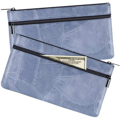 HAUTOCO 2 Stück Geldtaschen Banktasche PU-Leder Texturiert Bankmappe mit Reißverschluss 28 x 15.5 cm A5 Dokumente Zwei Taschen Geldmappe für Business Haushalt Schule, Hellblau
