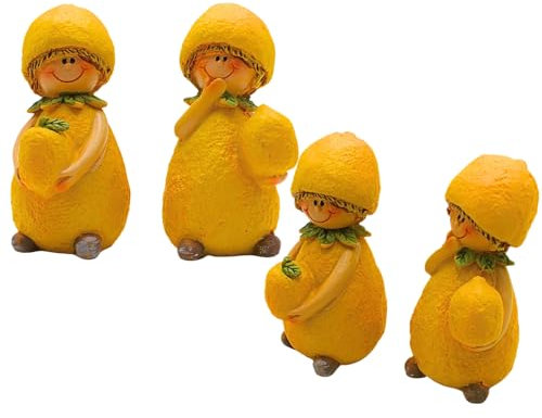 4 Stück Dekofiguren, Gartenfiguren als Zitrone, Früchtefiguren als Zitrone, Sommerfiguren, Zitronenfiguren, Zitronenkinder aus Keramik im 4er Set in Gelb, Größe Einer Figur: L/B/H 4 x 4 x 6 cm.