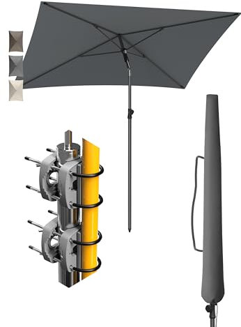 Menz Sonnenschirm Balkon - 4-IN-1 Sonnenschutz Balkon SET in Anthrazit, UPF 50+ Sonnenschirm rechteckig 200 x 125cm + 2 Stück Sonnenschirmhalter Balkongeländer + Sonnenschirmhülle, extrem stabil