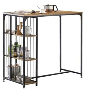 Warmiehomy High Bar Table, Industrial Vintage Kitchen Island Breakfast Bar Table with Storage Shelves for Home Bar Dining Room Office Bistro Pub, Brown
