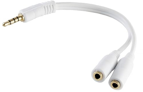 1aTTack.de 1x 0,2 m - Adattatore a Y per cuffie bianco, spina TRRS da 3,5 mm a 2 prese jack a 4 poli, contatti placcati in oro, CTIA