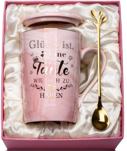 Tante Geschenk Tasse, Geschenk Tante Geburtstag Marmor Keramiktasse 400ml, Beste Tante Geschen-k für Tante zum Geburtstag, mit Deckel, Löffel, Grußkarte, Geschenkbox, Rosa