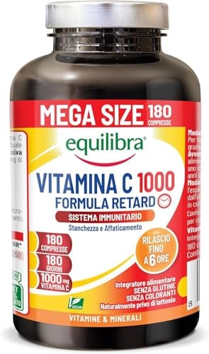 Equilibra Vitamina C Altodosata 1000mg, 180 Compresse, Scorta 6 mesi | Rilascio 6 ore, Normale Funzione del Sistema Immunitario, Senza Glutine e Lattosio, adatto ai vegani