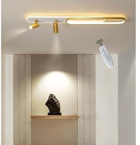 XIANHE LED Deckenlampe Flur Esszimmer Dimmbare Deckenleuchte mit Fernbedienung, Modern Oval mit Scheinwerfer Leuchten für Wohnzimmer Schlafzimmer Balkon Küche Decke Hängend Lampe (Gold, L100cm)