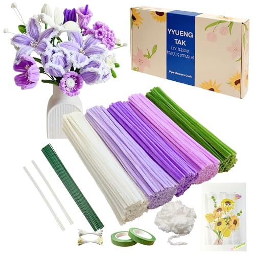YYUENG TAK 350 Stück Lila Pfeifenreiniger Blumen set(5 Farben),Geschenkbox enth Anweisungen,2 Chenille Wolle zum pfeifenputzer Blumen，20 Blumendraht,100 Staubblatt,2 Klebeband,für Blumen Basteln & Diy