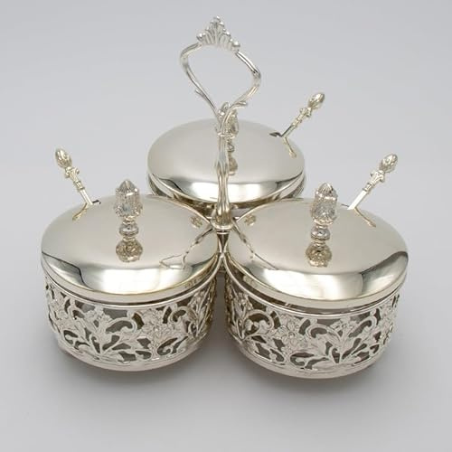 Saharashop DELUXE 3er Set Servierschalen, Snackschale, Zuckerdose aus Glas mit Deckel & Löffel Auswählbar SILBER oder GOLD (Silber)