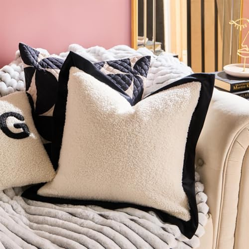 OHS Boucle Cushion Covers 45 x 45cm, Soft Classic Oxford Edge Decorative Square Throw Pillow Covers Pack of 2 with Invisible Zipper for Couch Living Room Bedroom, White/Black