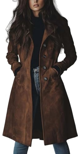 Giacca in pelle scamosciata per le donne Autunno Inverno Doppio Petto Classico Risvolto Slim Ladies Faux Suede Cappotto Trench Vintage Suede