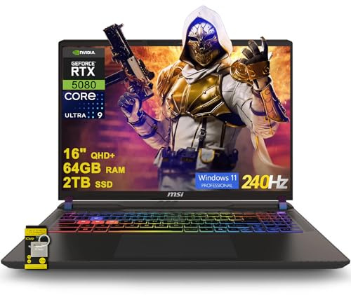 MSI Vector 16 HX AI Gaming Laptop 16 QHD+ IPS 240Hz Intel 24-core Ultra 9 275HX (>i9-14900HX) 64GB DDR5 2TB SSD GeForce RTX 5080 (Up to 1334 AI TOPS) RGB Backlit Thunderbolt5 Win11Pro ICP Hub Copilot
