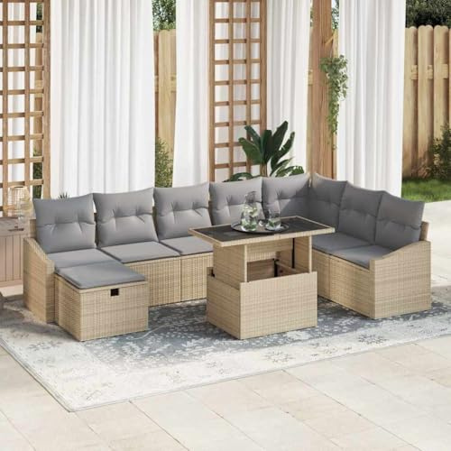 Mandloder Garten-Sofa-Set 9-teilig, Beige Poly-Rattan, modular, mit höhenverstellbarem Tisch, für Terrasse, Balkon, Lounge-Bereich, langlebig