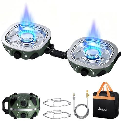 Anbte Hornillo de Camping de 2 Fuegos,2x3 kW, Cocina Portátil de Gas | Quemadores Ajustables, Plegable y Ligero, para Acampadas, Cocina al Aire Libre y Situaciones de Emergencia