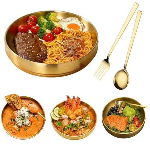 Crafthaven Double-Walled Stainless Steel, Large Salad Bowl 21/23CM with Spoon&Fork, Mixing Gold Fruit Bowl Ramen Thickened Stainless Bowl for Salad Noodle Soup Bibimbap Baking (21cm)