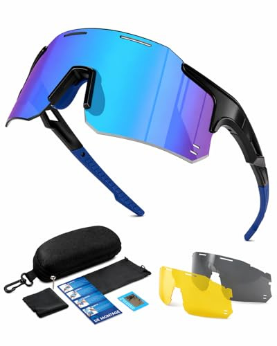 Winyoher Schnelle Brille Herren Winddicht Sport Sonnenbrille Damen-UV400 Schutz Fahrradbrille Ultraleicht Randlos Sportbrille mit 3 Austauschbare Linse für Radfahren MTB Angeln Fahrrad Laufen