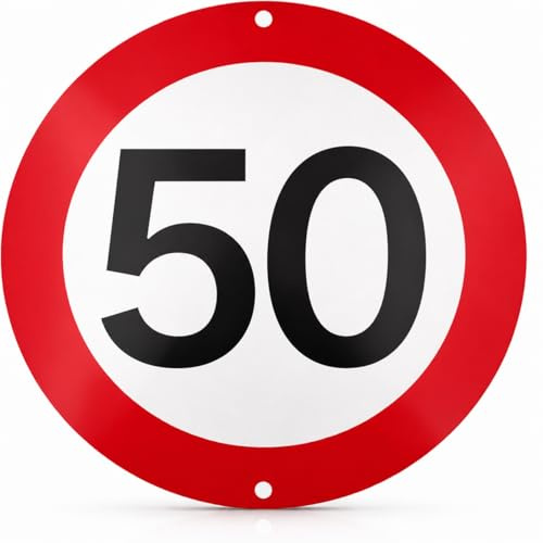 FloraVigo Panneau de limitation de vitesse 50 km/h, panneau rond en aluminium 1 mm, décoration d’anniversaire 50 ans, panneau de signalisation décoratif pour fête, mur, porte et accessoires photo