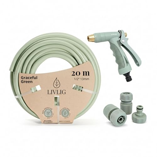 LIVLIG Set manguera 20 m 1/2 – tubo anti‑torsión y resistente a UV con pistola y conectores (G3/4, stop 1/2, rápido) – Verde