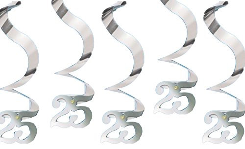 (PKT) Adult 5 Piece Sparkling Silver 25th Anniversary Swirl Decorations 61cm