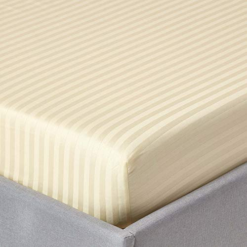 HOMESCAPES Damast Spannbettlaken 180x200 cm vanille mit Satin-Streifen, 100% ägyptische Baumwolle, Betttuch mit Gummizug, Fadendichte 330