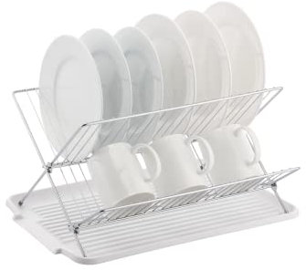 J&V TEXTILES Escurridor de platos plegable con escurridor, escurridor de platos de acero inoxidable de 2 niveles, escurridor de platos plegable, escurridor de platos plegable para fregadero de cocina,