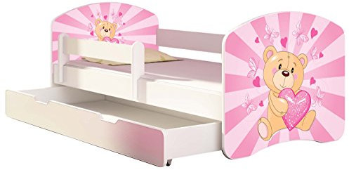 Kinderbett Jugendbett mit einer Schublade und Matratze Weiß ACMA II 140 160 180 40 Design (160x80 cm + Bettkasten, 10 Teddybär)