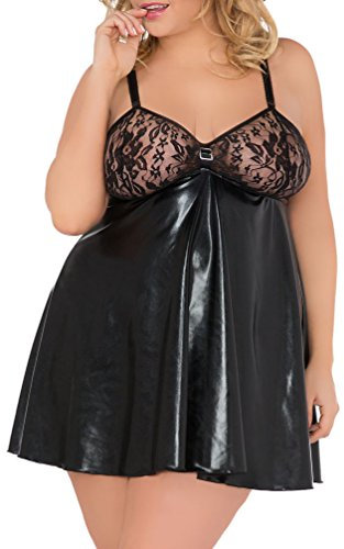 Damen XXL Dessous Chemise Wetlook Negligee in schwarz Träger-Nachtkleid mit Spitze ausgestellt Größe: 54/56