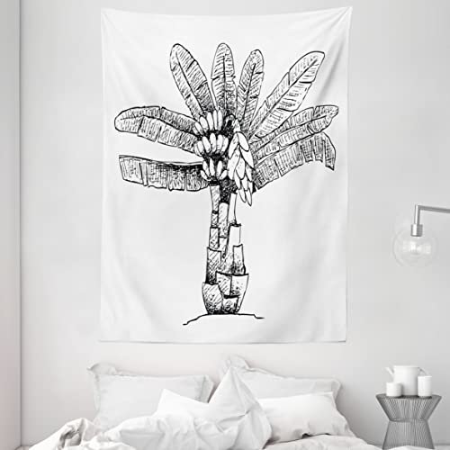 ABAKUHAUS Bananenblatt Wandteppich, Ensete Bananenpflanze, Wohnzimmer Schlafzimmer Heim Seidiges Satin Wandteppich, 150 x 200 cm, Weiß und Schwarz