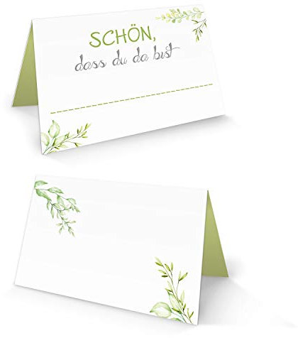 Tischkarten Eukalyptus, 50er Set: Namensschilder Schön, dass du da bist, Für Hochzeit, Geburtstag, Taufe, Konfirmation & Kommunion, Festdeko Tisch, Platzkarten zum Beschriften, Deko, 8,5 x 5,5 cm