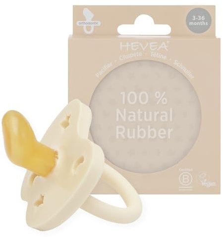 HEVEA Sucette Bebe PHYSIOLOGIQUE caoutchouc naturel / 3-36 mois - Sans BPA, PVC, ni Phtalates - Design Danois Tétine avec 4 Trous de Ventilation - Hygiénique - Boite unitaire (Blanc lait)