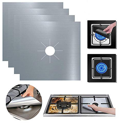 Taylor & Brown® Pack of 4 Silver Reusable Gas Stove Protector Hob Range Burner Protectors Top Cooker Cover Stove Top Non Stick Mats Easy to Clean