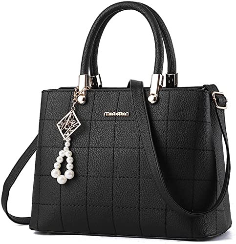 BestoU Handtasche Damen Shopper Handtaschen Schwarze Groß Damen Tasche für Büro Schule Einkauf mit Pelz Kugel Plüsch Schlüsselring (Schwarz)