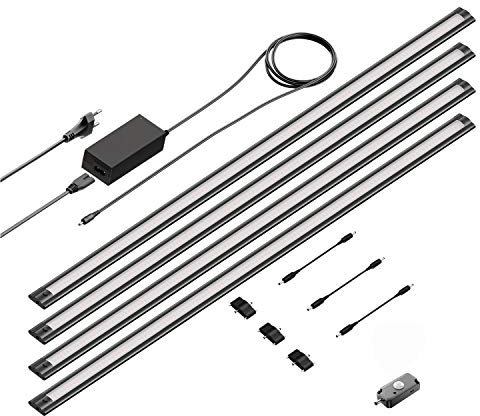 ledscom.de 4er Set LED Unterbau-Leuchte SIRIS schwarz matt, mit Bewegungsmelder, flach, je 90cm, je 1044lm, weiß