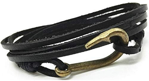 BMC-Designs BLACK LEATHER GOLD TONE FISHING HOOK WRISTBAND WRIST STRAP BAND BRACELET FISH MENS WOMENS EXPANDS TO FIT MOST SIZES UK SELLER A66