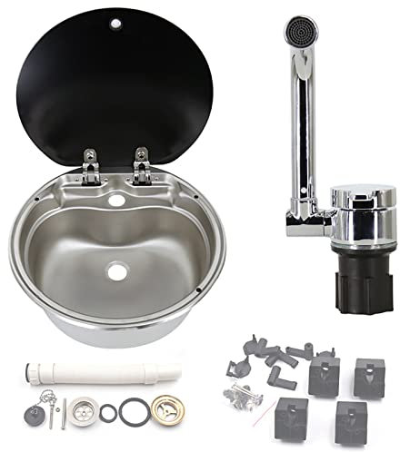 APENCHREN Évier De Lavabo De 405mm, Compatible avec L'évier en Acier Inoxydable De Cuisine De Camping-Car Caravane De Camping-Car, avec Couvercle en Verre,Sink&Faucet