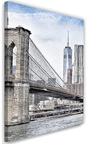 Feeby Bild auf Vlies Leinwand NYC USA New York Big Apple 30x45 cm Kunstdruck Modern Wandbilder Deko Flur Wohnzimmer Amerika Brooklyn Bridge World Trade Center One Manhattan Grau