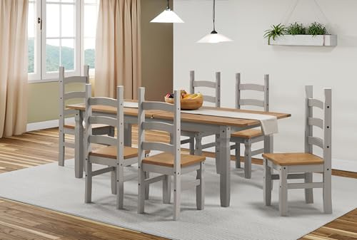 Mercers Furniture Corona Grey Wax Large Extending Dining Table & 6 Chairs Set Long Solid Wood Pine Wooden Painted Shabby Chic Mexican Style Kitchen Adjustable 76cm High 160/200cm Wide 90cm Deep