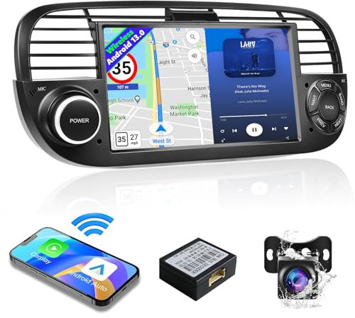 Autoradio per F-iat 500 2007-2015 con Carplay Android Auto Wireless, 7 Pollici Touch Screen Android Stereo Auto con GPS Navi, WiFi, Bluetooth, RDS FM, USB, Telecamera Posteriore, Canbus